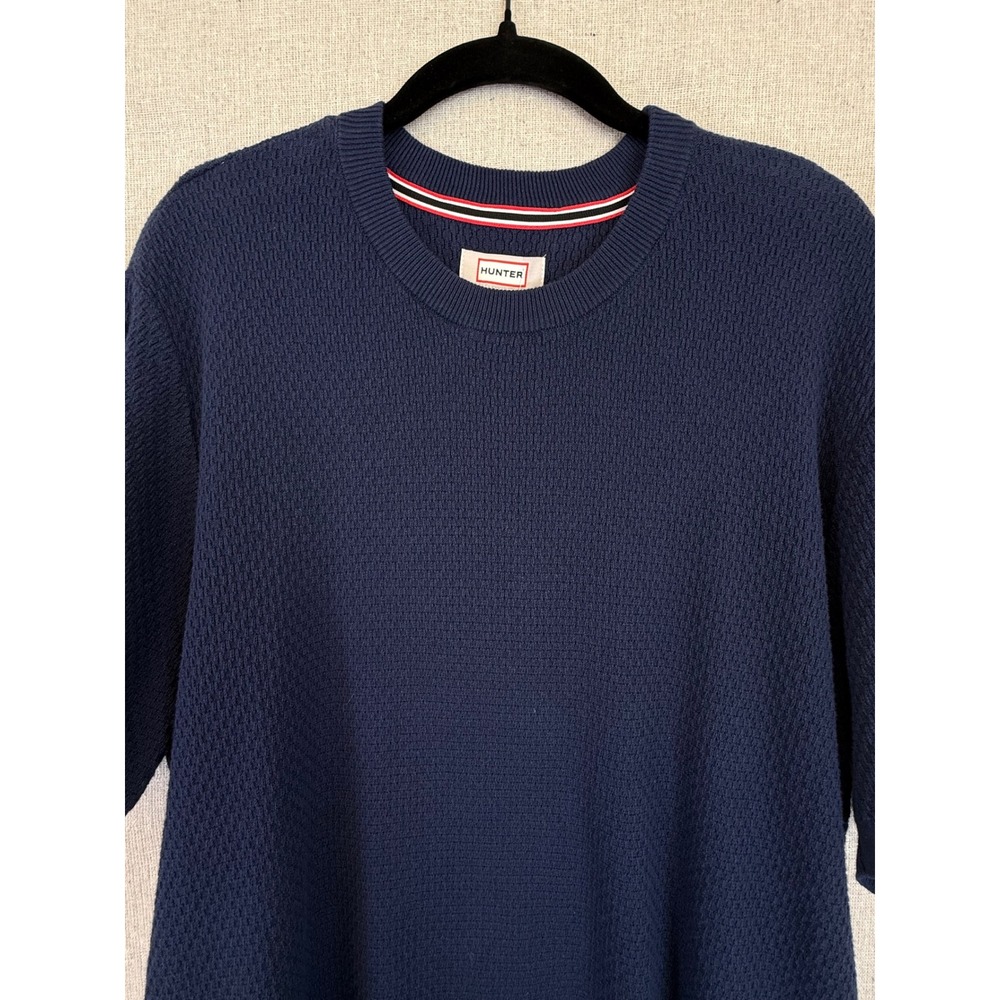 Hunter Mens Short Sleeve Knit Sweater Navy Blue Textured Crew Neck Size M NEW
